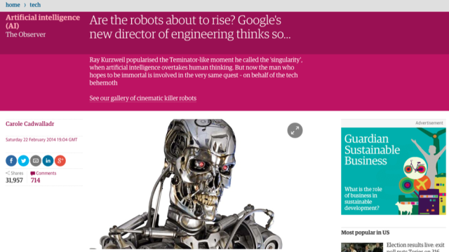 Portada de "The Guardian" mostrando un terminator, cuando el artículo habla de inteligencia artificial.