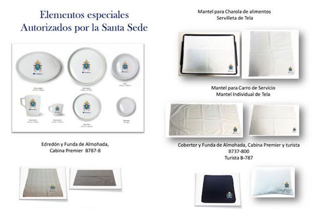Para los vuelos del Papa ha sido desarrollada una vajilla especial con la insignia del Vaticano. ASí como los demás elementos del servicio.