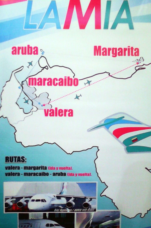El mapa inicial de rutas de LAMIA para sus operaciones inaugurales en Venezuela.